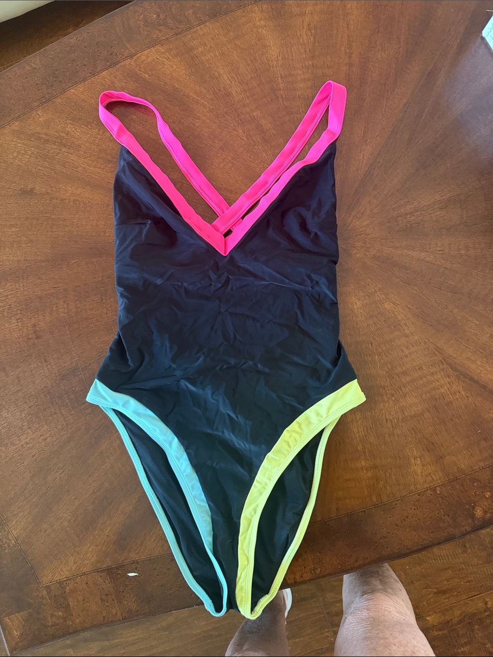 Black One-Piece Swimsuit with Neon Pink Straps and Turquoise & Lime Trim